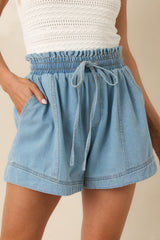 First Things First Light Wash Cotton Drawstring Denim Shorts