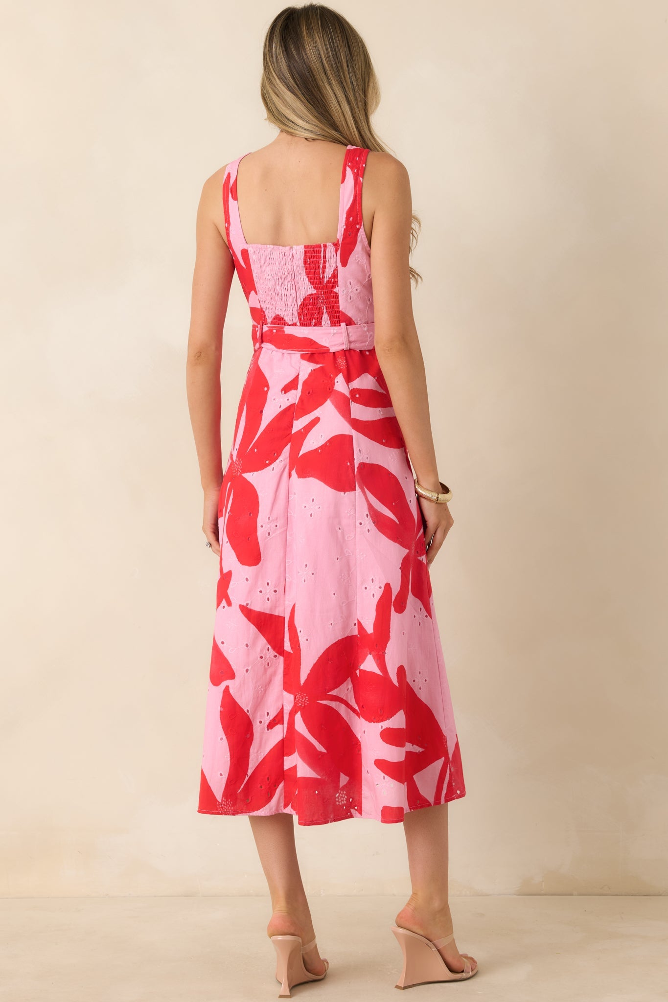 The Poetry of You Pink & Red Floral Embroidered Eyelet Cotton Midi Dress