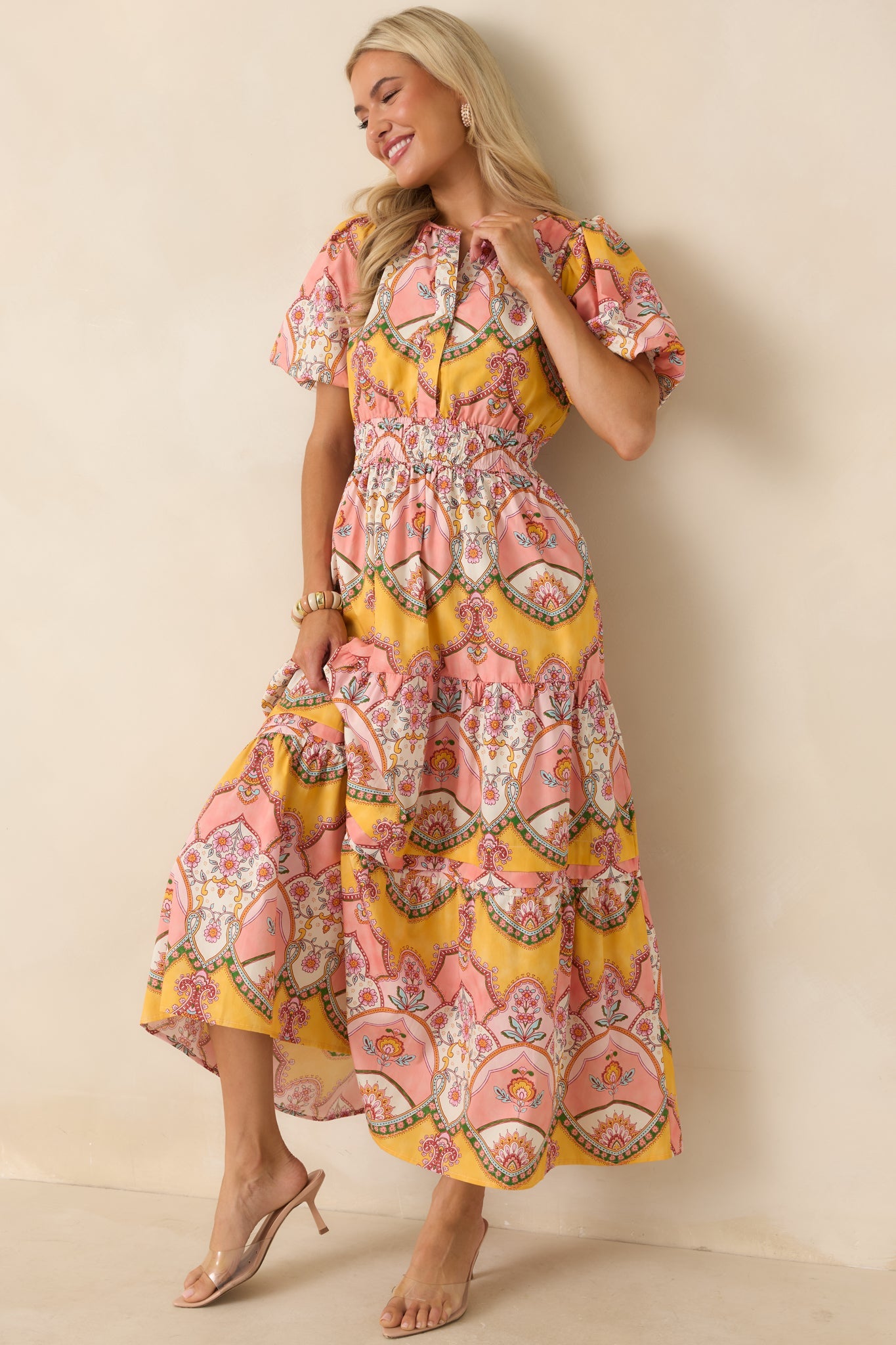 Love You More Pink & Marigold Scarf Print Cotton Midi Dress