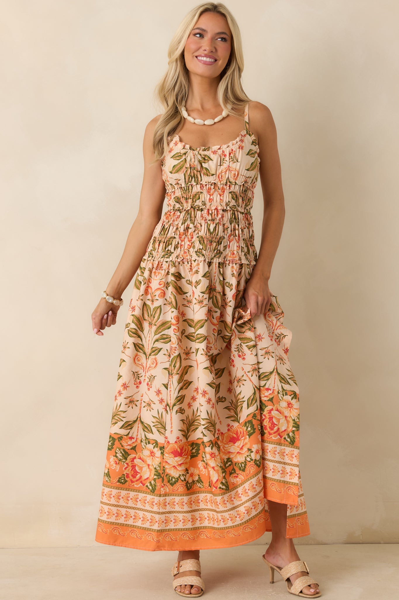 Slow Summer Peach & Green Floral Cotton Maxi Dress