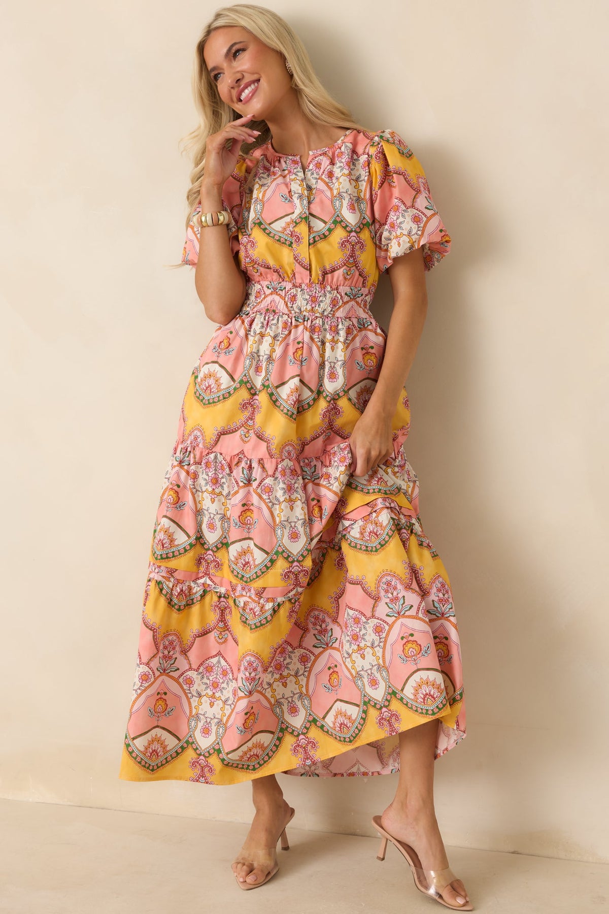 Love You More Pink & Marigold Scarf Print Cotton Midi Dress