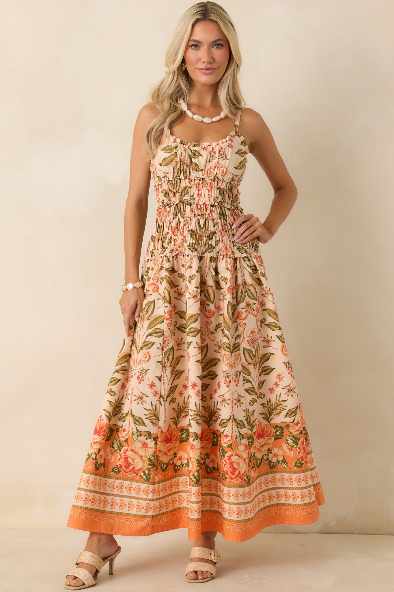 Slow Summer Peach & Green Floral Cotton Maxi Dress