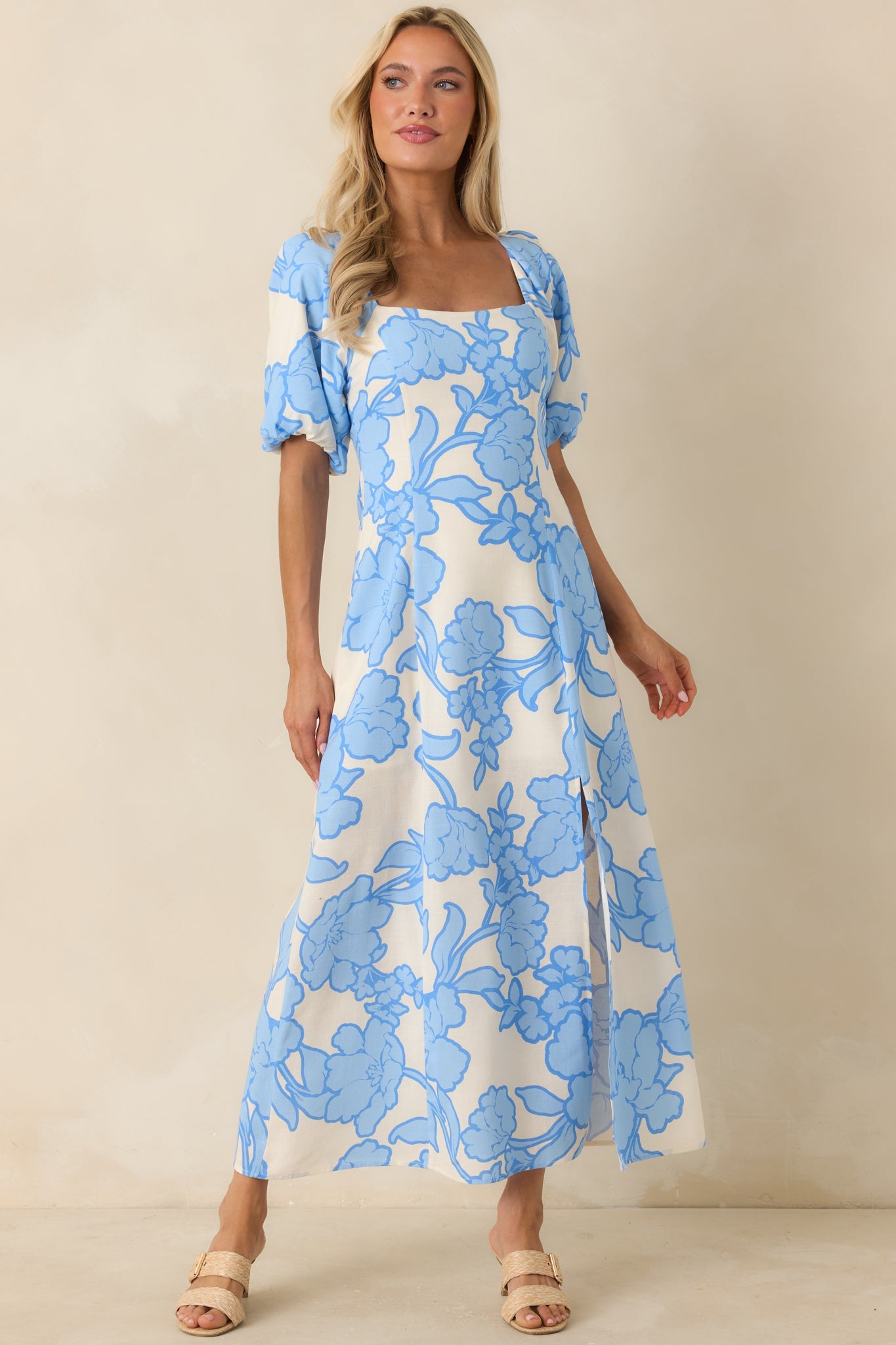 MINKPINK Alessia Blue & Ivory Floral Cotton Blend Midi Dress