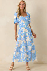 MINKPINK Alessia Blue & Ivory Floral Cotton Blend Midi Dress