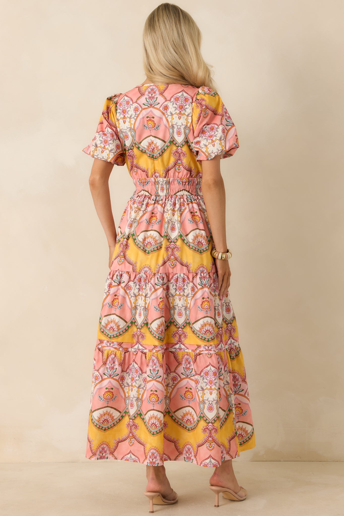 Love You More Pink & Marigold Scarf Print Cotton Midi Dress