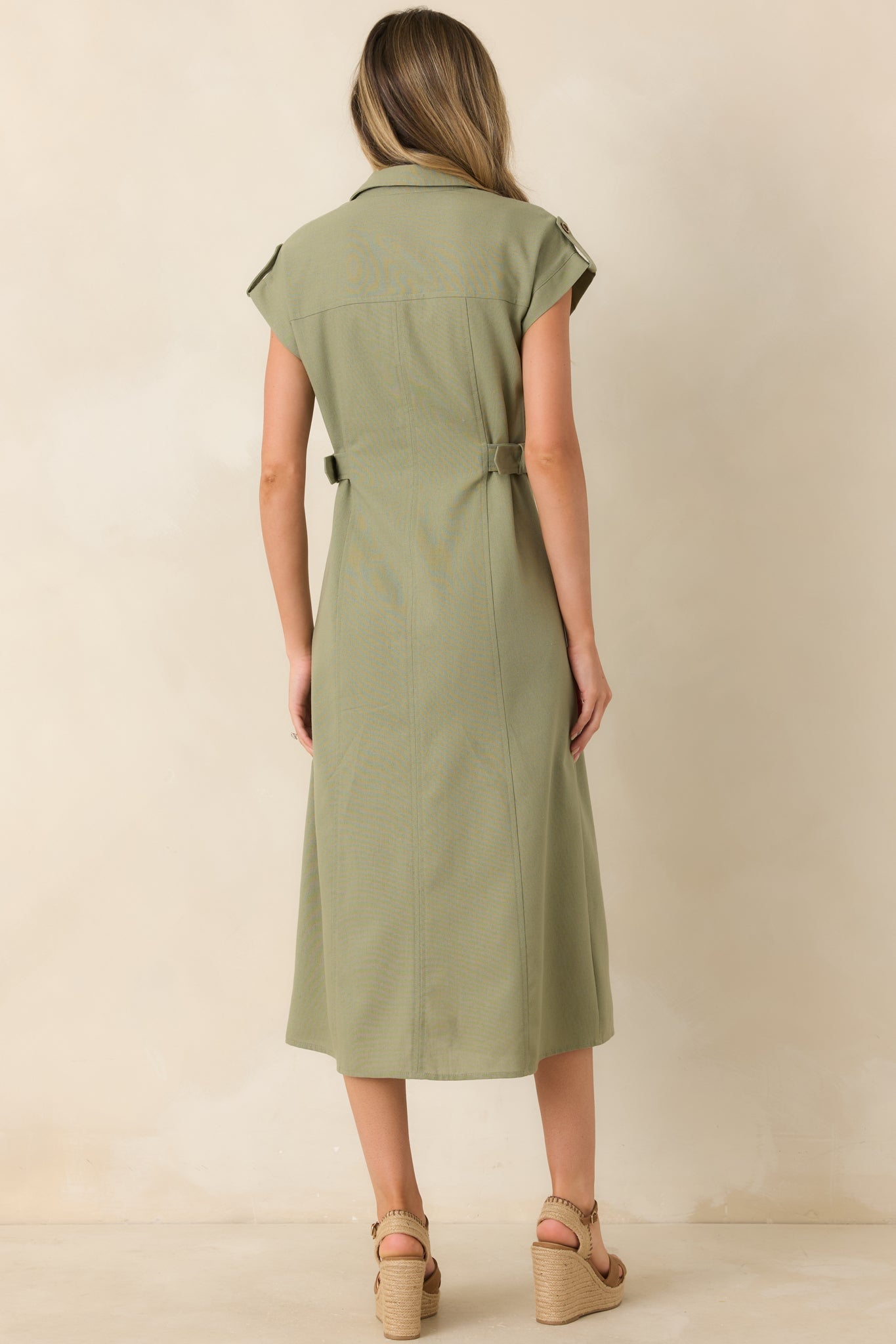 Easy Authority Sage Green Button Front Utility Midi Dress