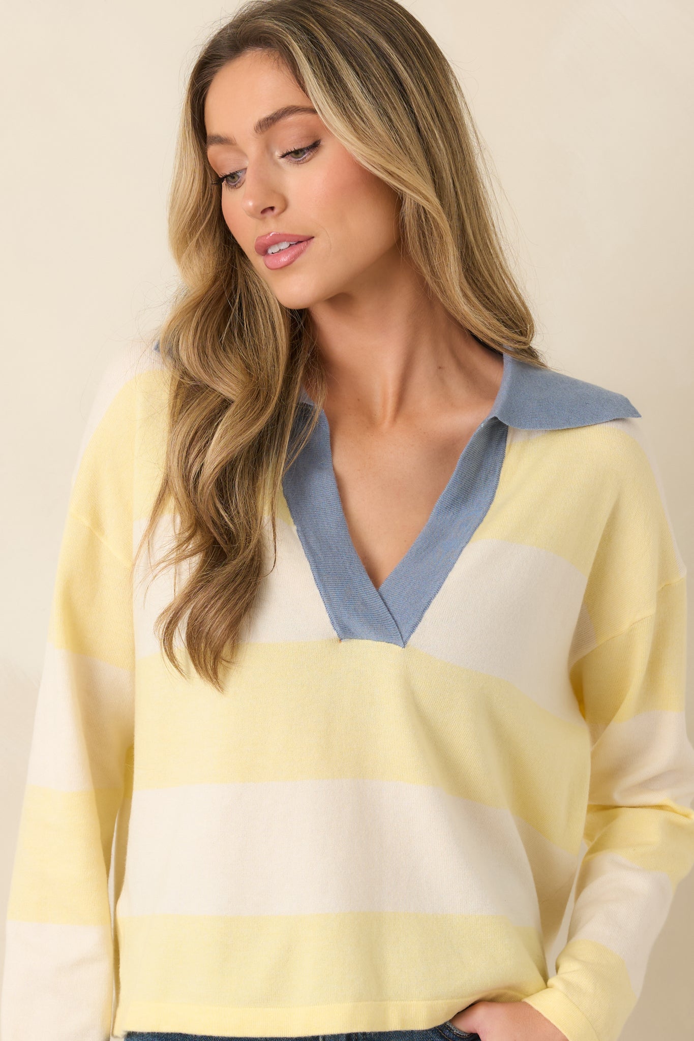 FRNCH Hydralis Butter Yellow Stripe Deep V-Neck Sweater