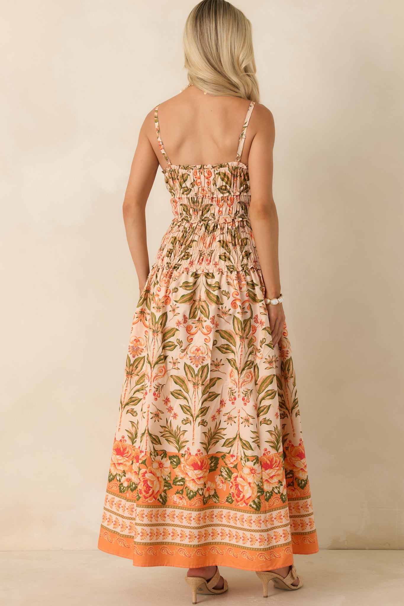 Slow Summer Peach & Green Floral Cotton Maxi Dress