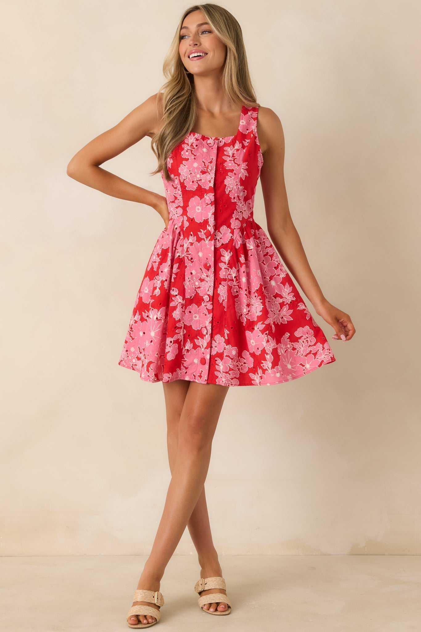 Here She Comes Red & Pink Cotton Floral Eyelet Mini Dress