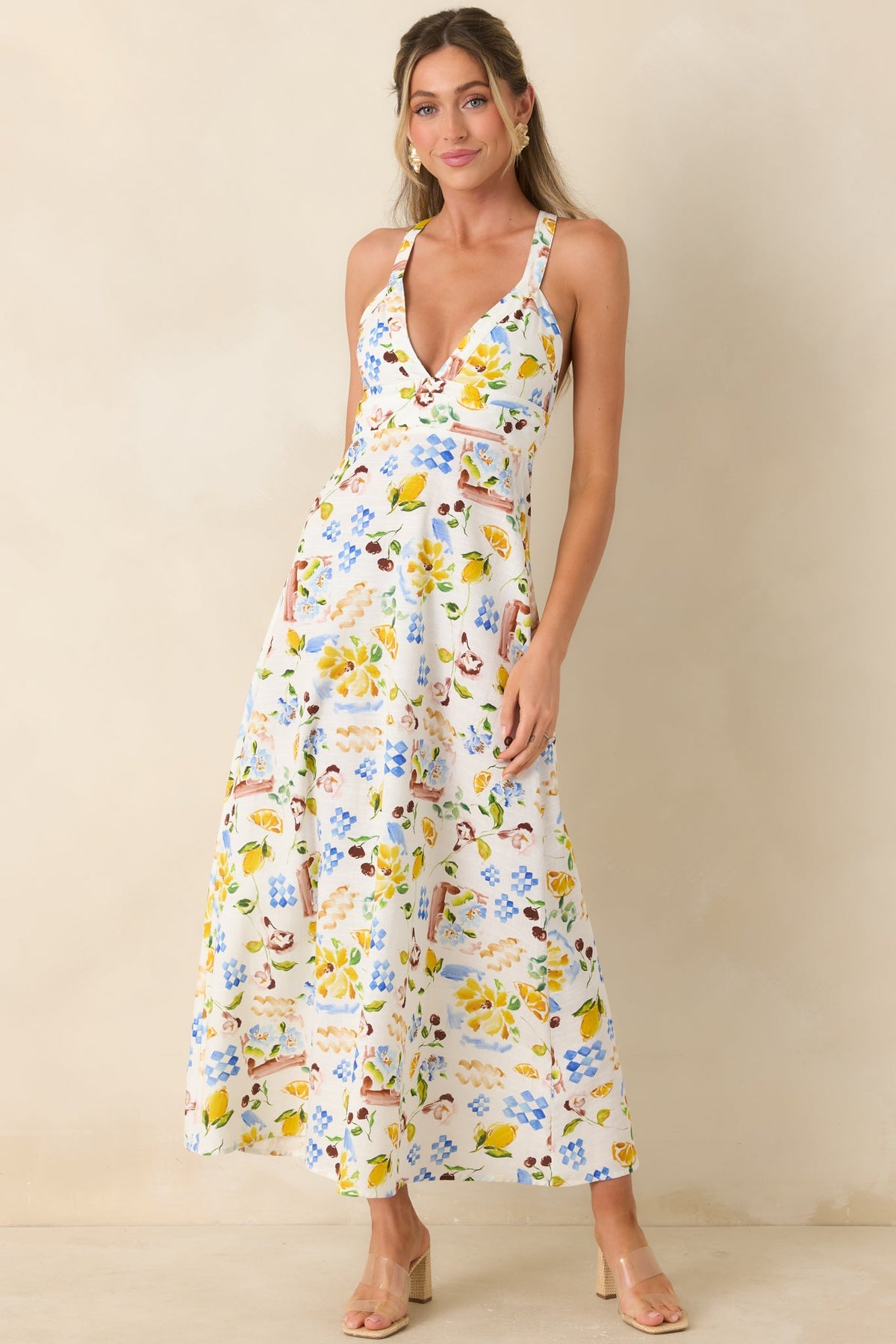 MINKPINK Riviera White Multi Mediterranean Print Cross Back Midi Dress