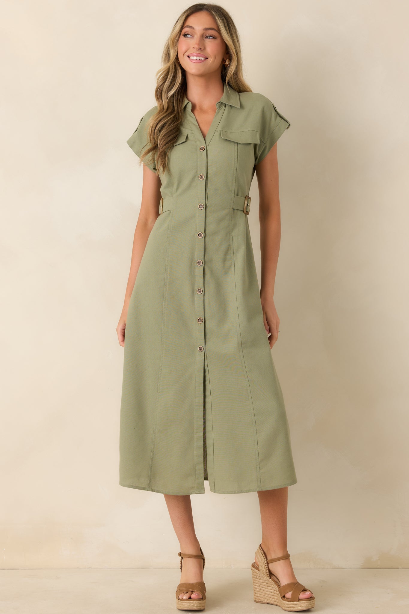 Easy Authority Sage Green Button Front Utility Midi Dress