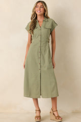 Easy Authority Sage Green Button Front Utility Midi Dress