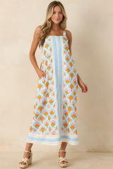 Orange Blossom Skies Blue Multi Floral Cotton Contrast Maxi Dress