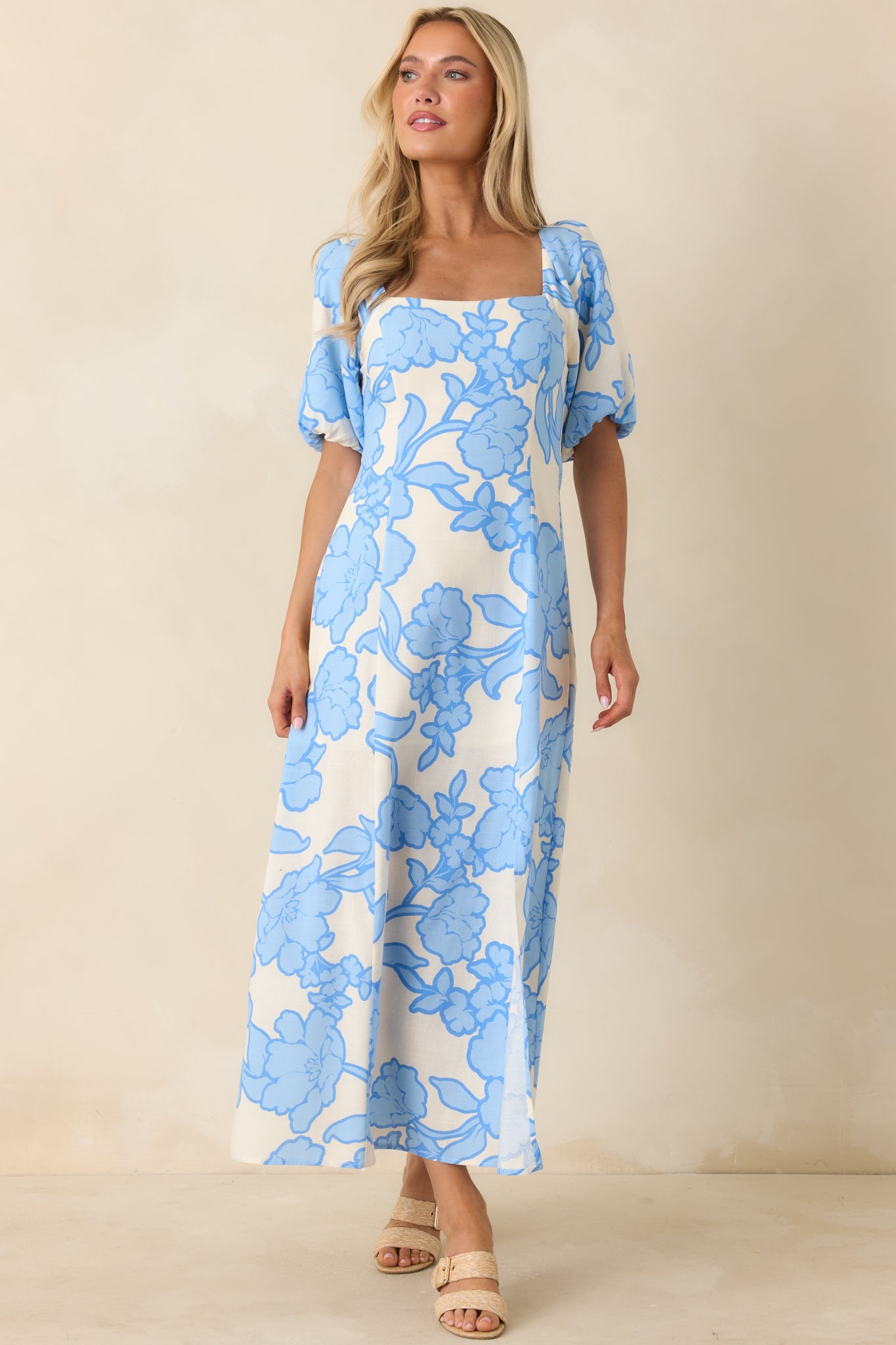MINKPINK Alessia Blue & Ivory Floral Cotton Blend Midi Dress