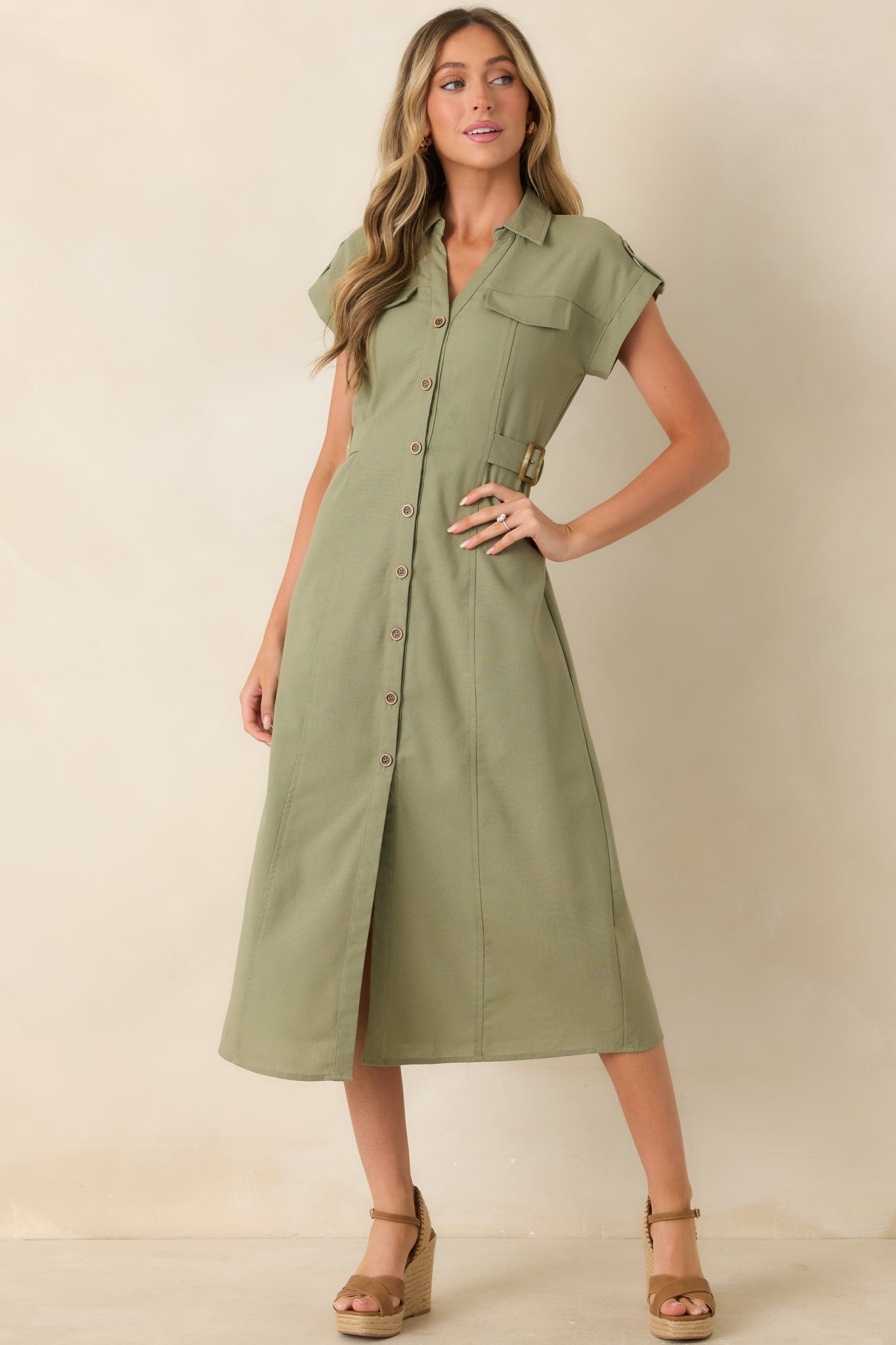Easy Authority Sage Green Button Front Utility Midi Dress