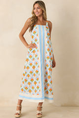 Orange Blossom Skies Blue Multi Floral Cotton Contrast Maxi Dress