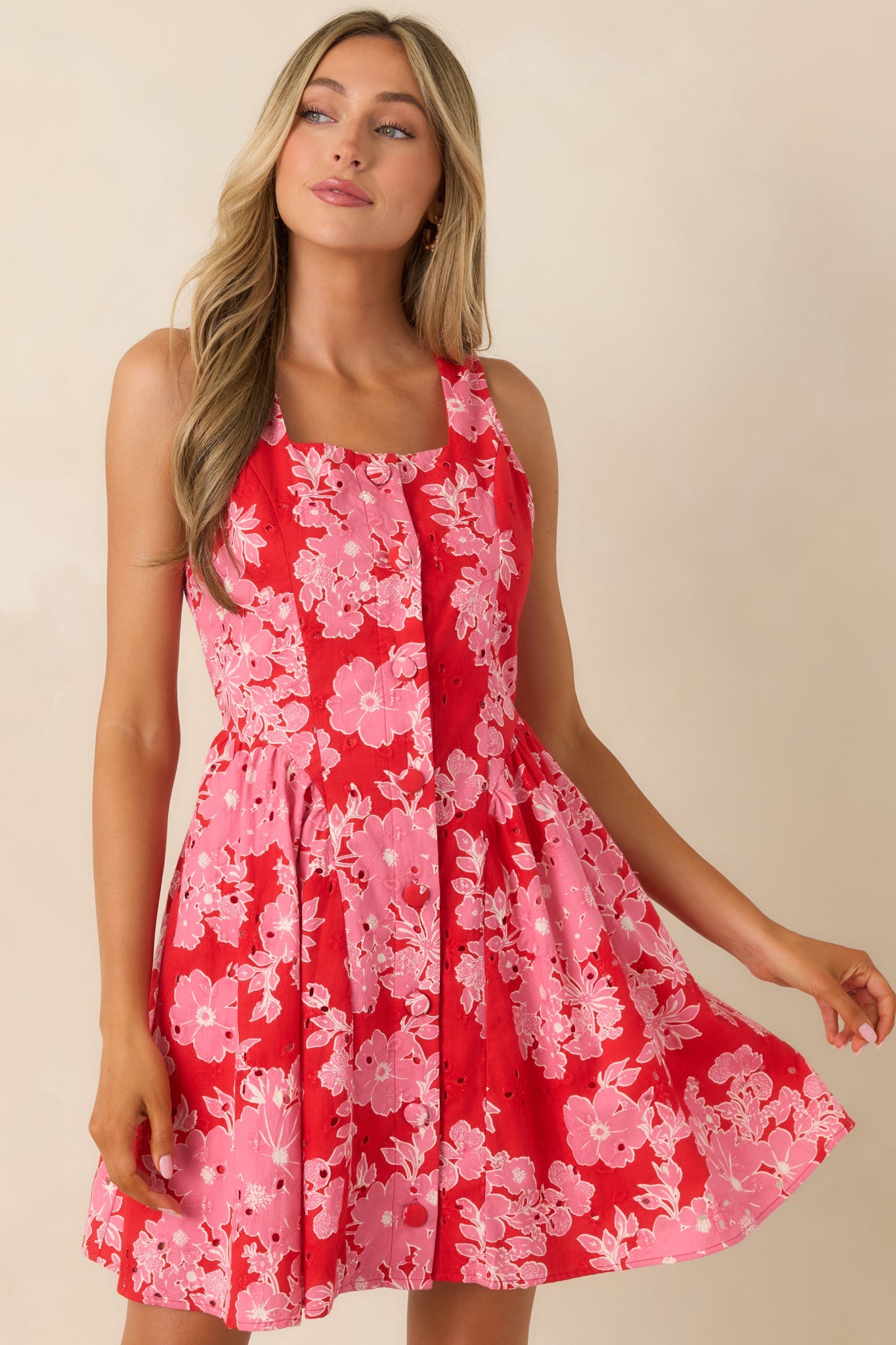 Here She Comes Red & Pink Cotton Floral Eyelet Mini Dress