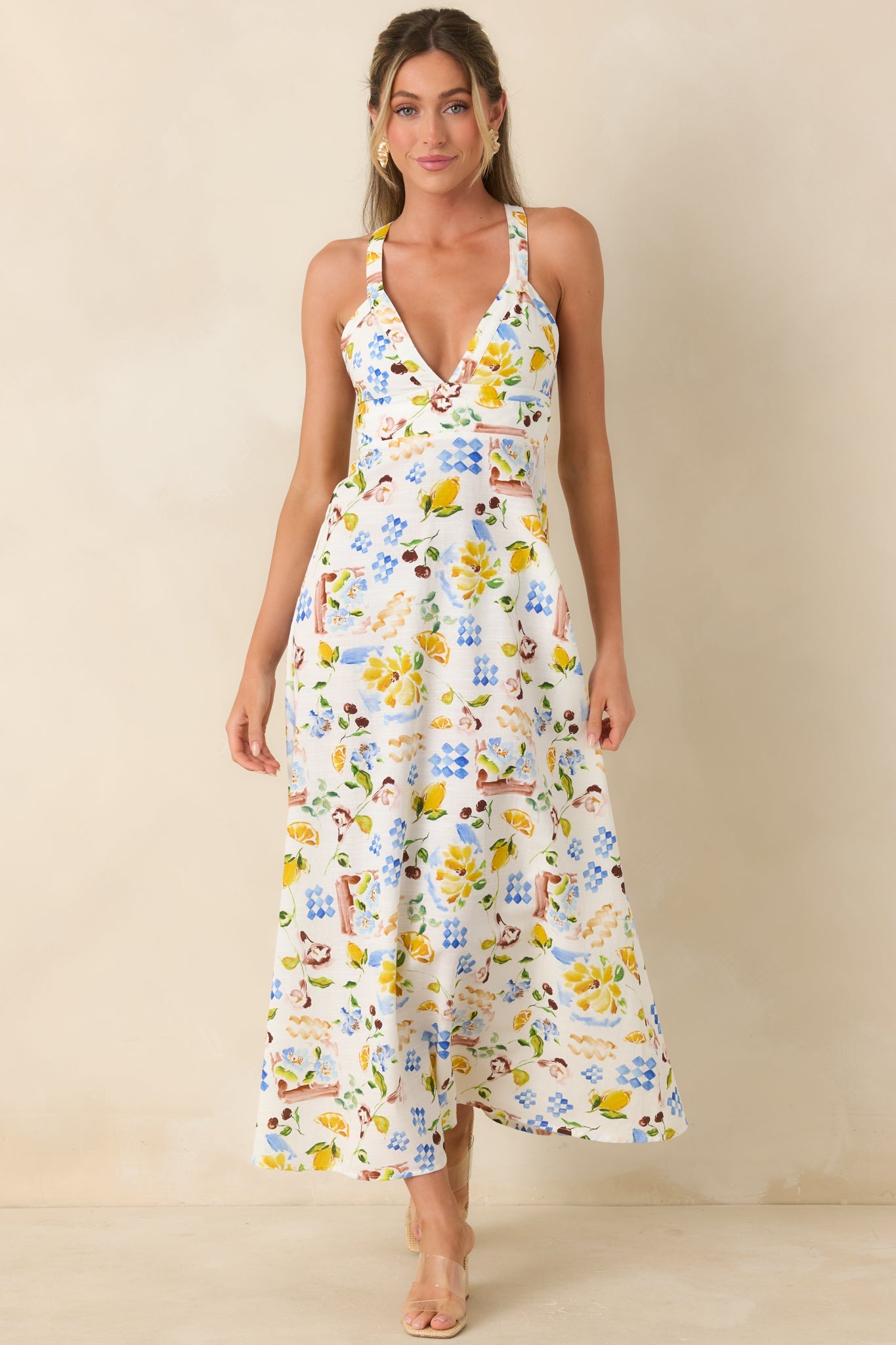 MINKPINK Riviera White Multi Mediterranean Print Cross Back Midi Dress