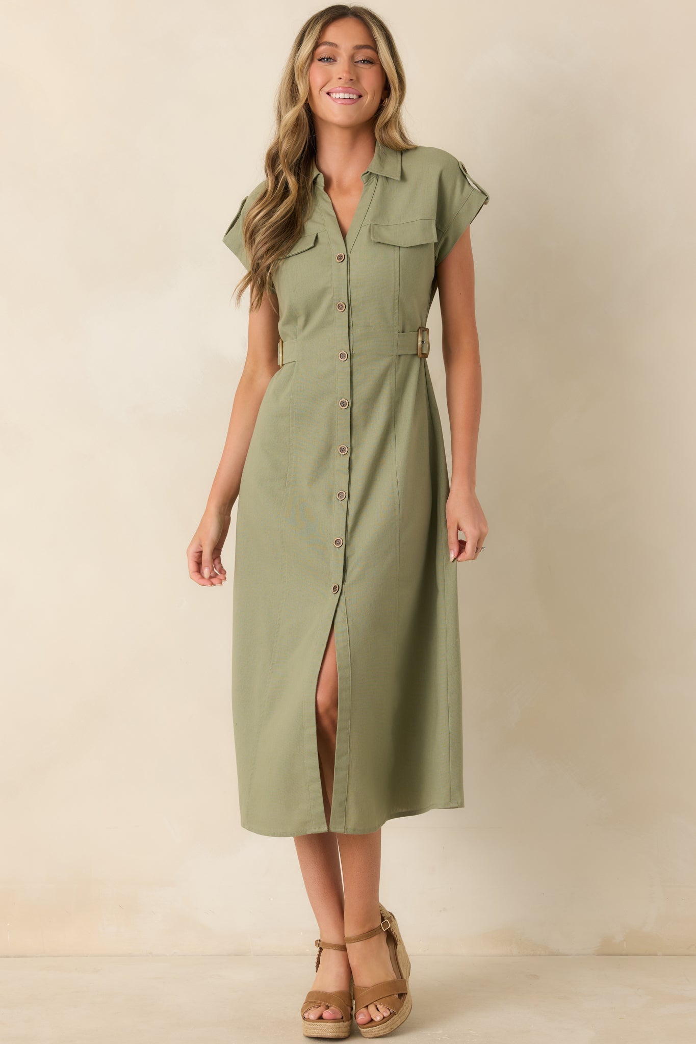 Easy Authority Sage Green Button Front Utility Midi Dress