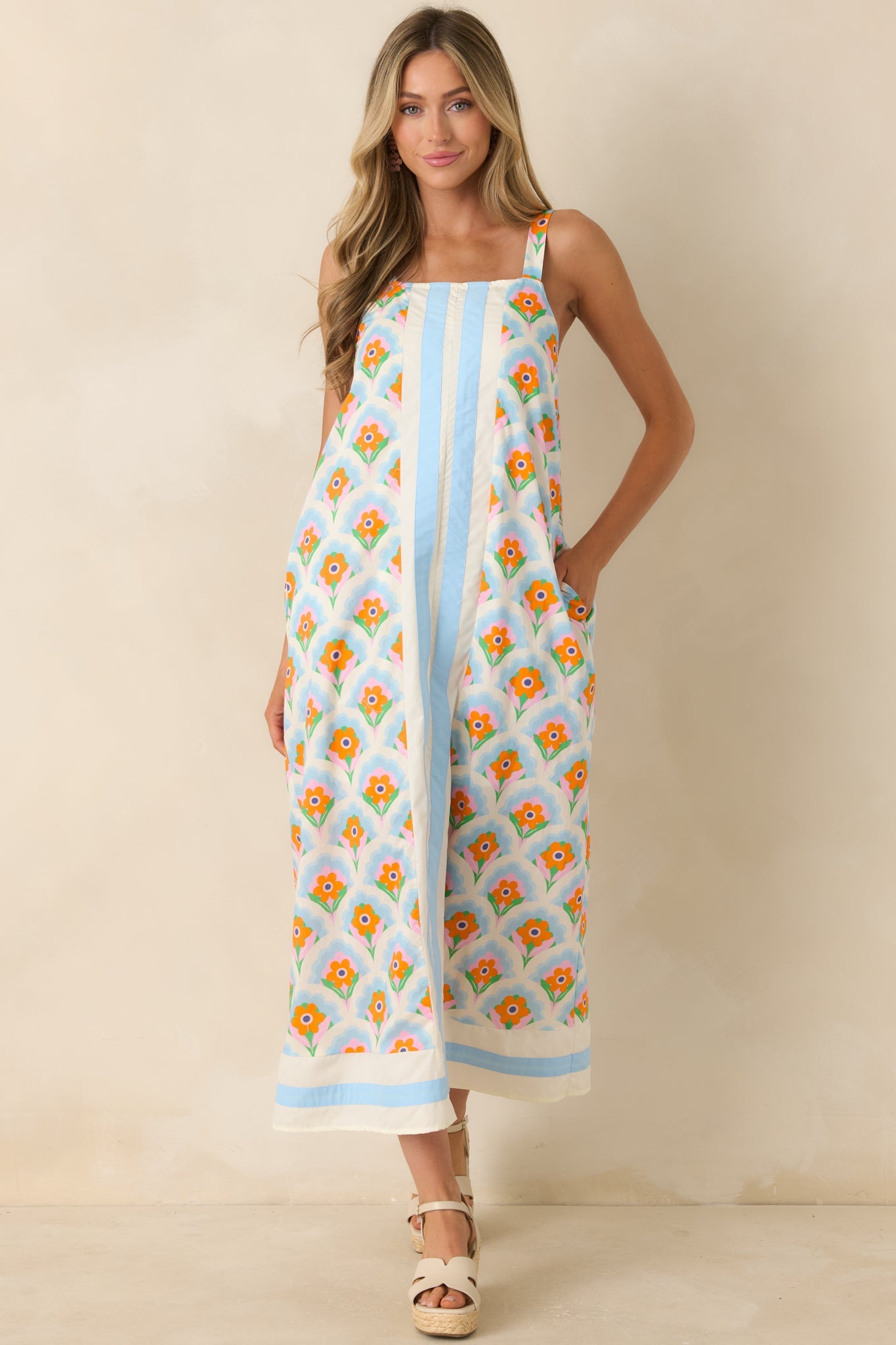 Orange Blossom Skies Blue Multi Floral Cotton Contrast Maxi Dress