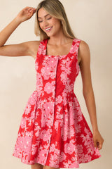 Here She Comes Red & Pink Cotton Floral Eyelet Mini Dress