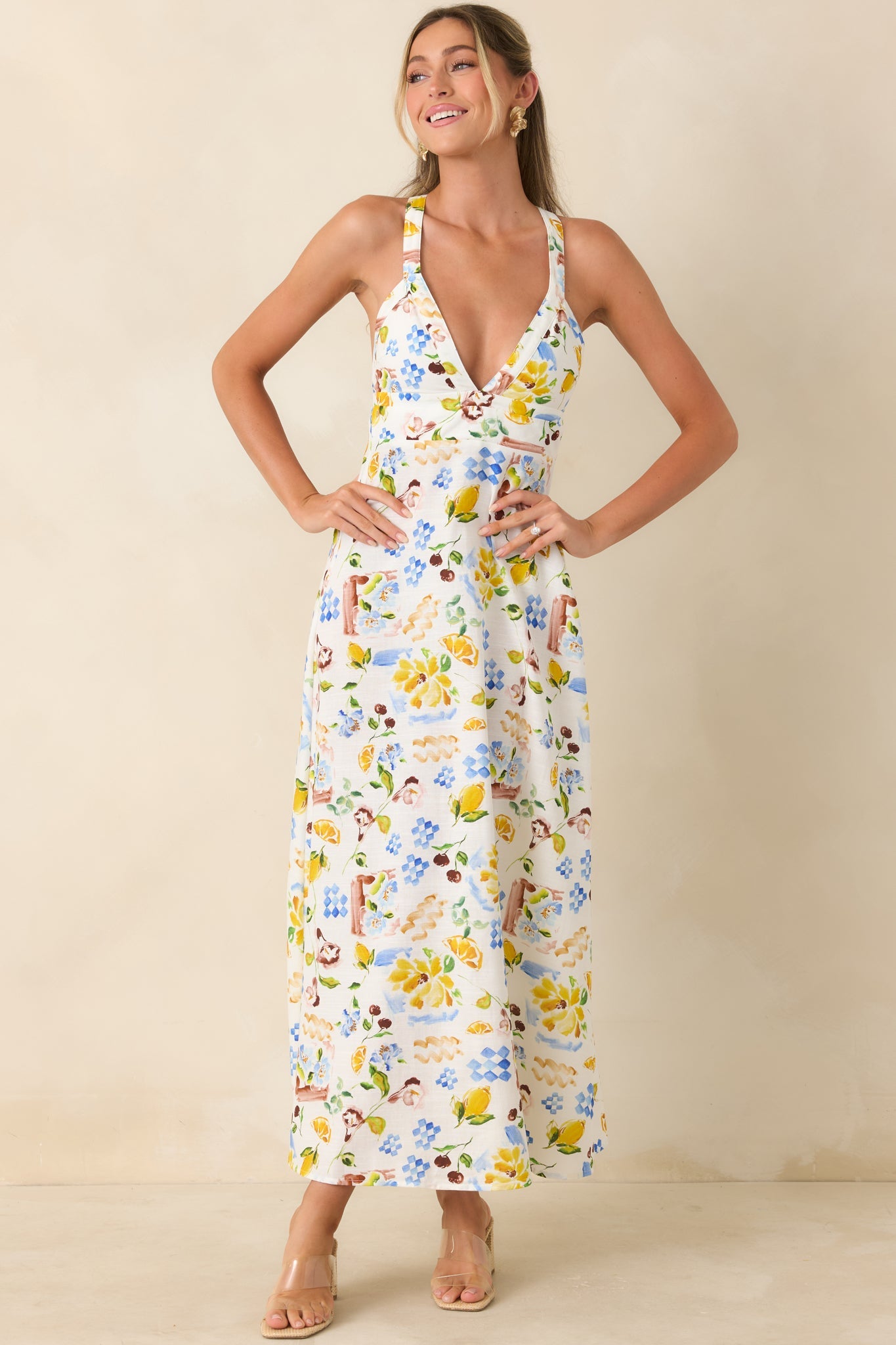 MINKPINK Riviera White Multi Mediterranean Print Cross Back Midi Dress