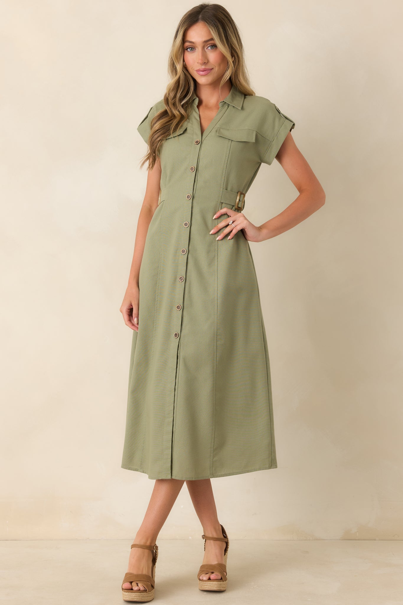 Easy Authority Sage Green Button Front Utility Midi Dress
