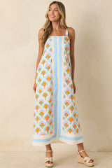 Orange Blossom Skies Blue Multi Floral Cotton Contrast Maxi Dress