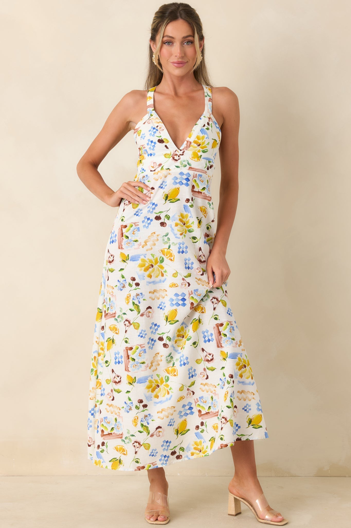 MINKPINK Riviera White Multi Mediterranean Print Cross Back Midi Dress