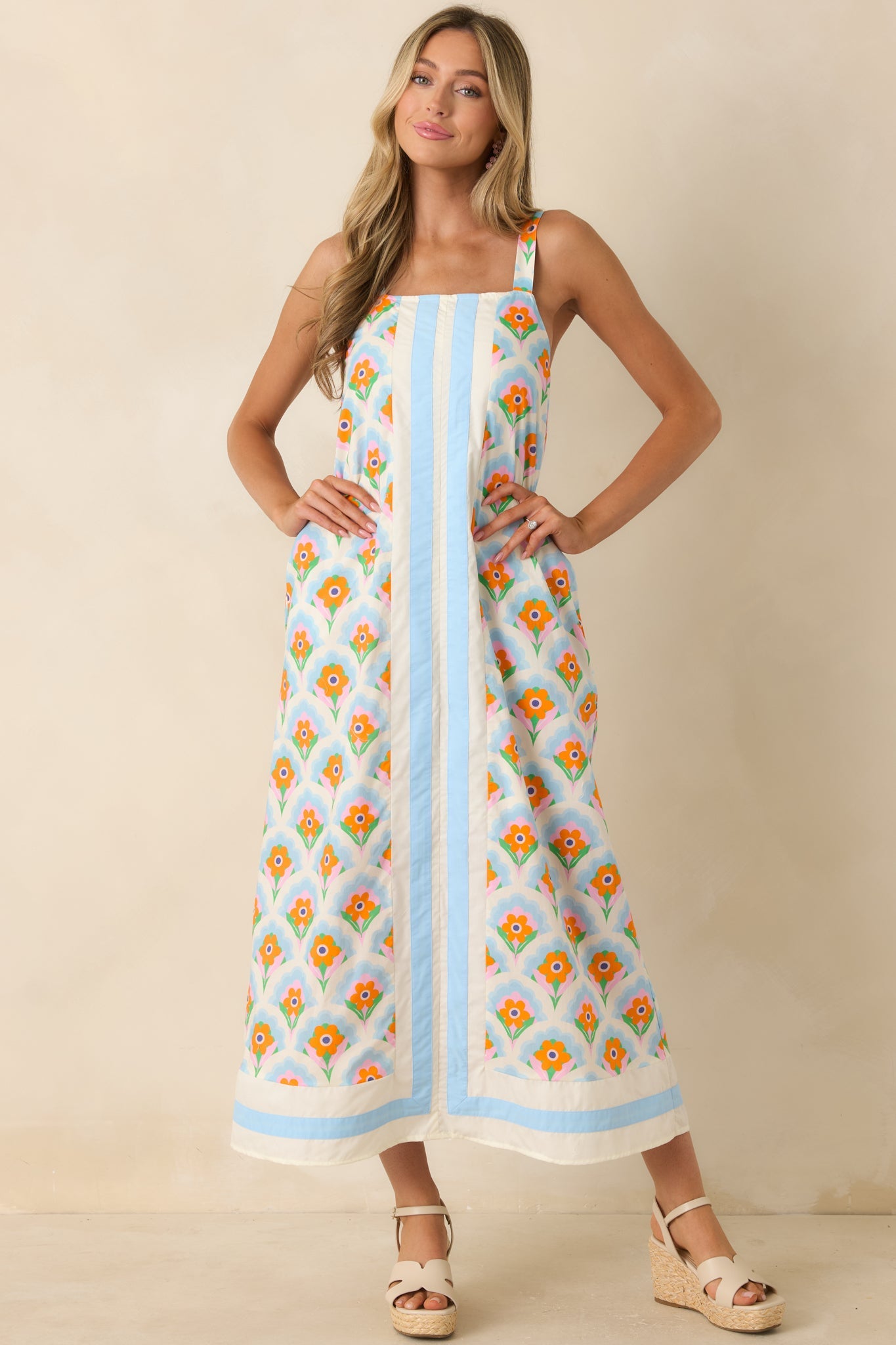 Orange Blossom Skies Blue Multi Floral Cotton Contrast Maxi Dress