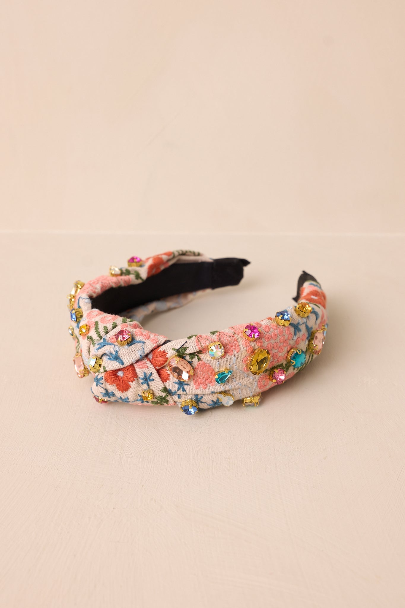 True To Yourself Beige Floral Embroidered Knot Headband