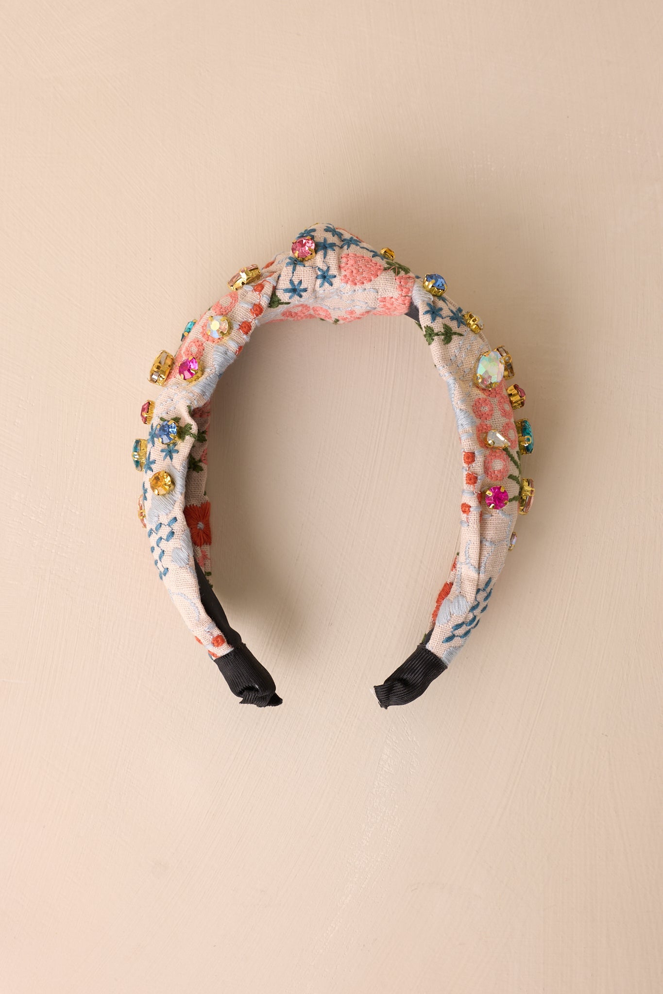 True To Yourself Beige Floral Embroidered Knot Headband