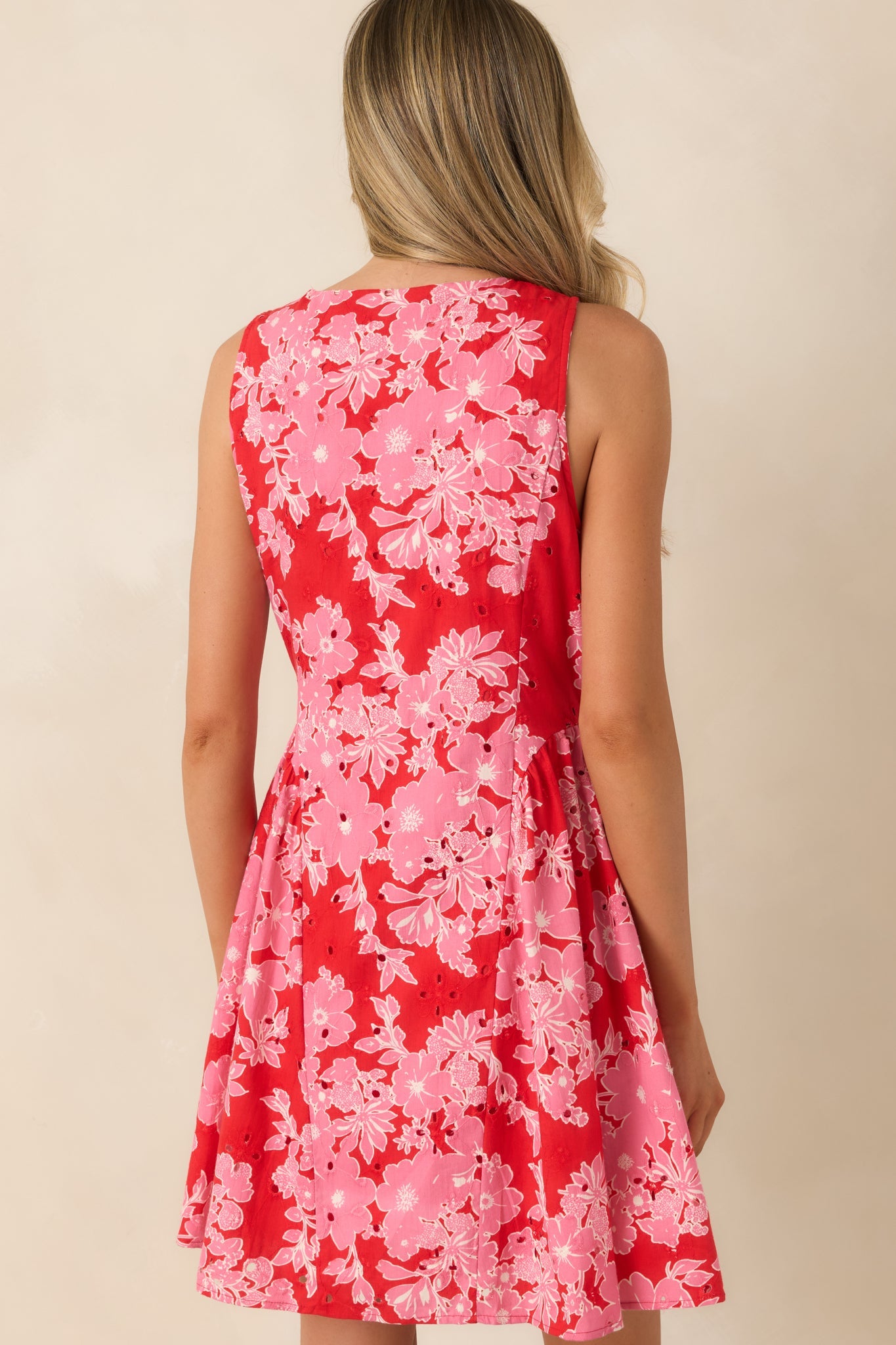 Here She Comes Red & Pink Cotton Floral Eyelet Mini Dress