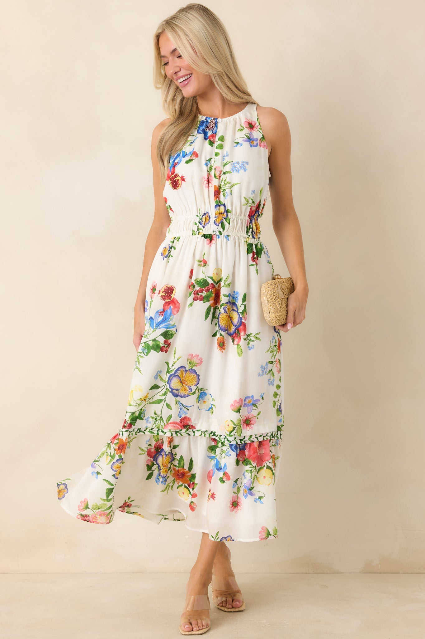 Pick Me Pretty Ivory Multi Floral Sleeveless Midi Dress