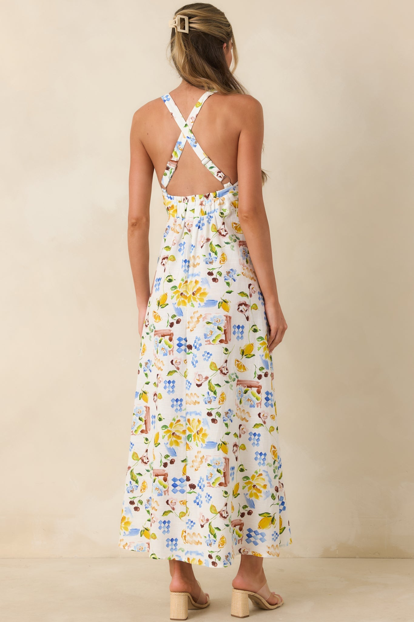 MINKPINK Riviera White Multi Mediterranean Print Cross Back Midi Dress