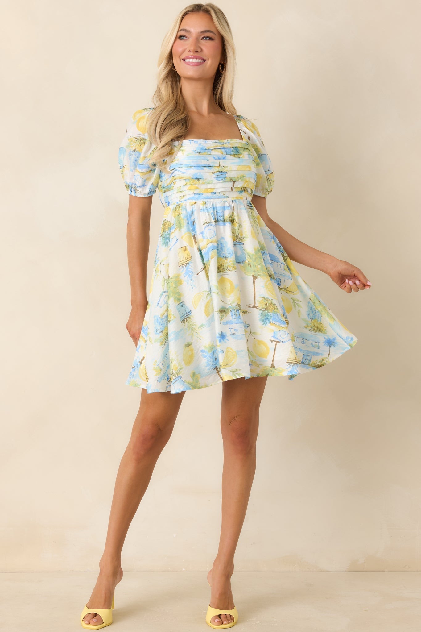 Limoncello Daydream Blue & Yellow Scenic Citrus Print Mini Dress