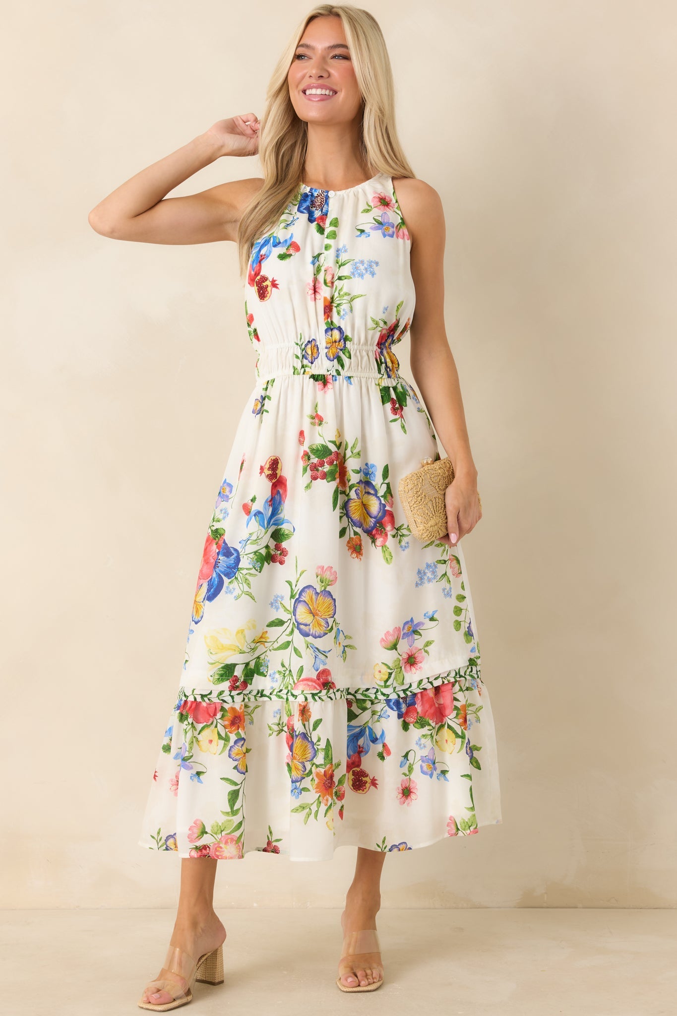 Pick Me Pretty Ivory Multi Floral Sleeveless Midi Dress