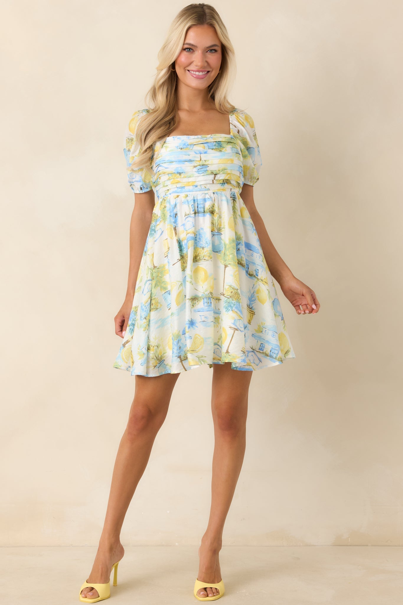 Limoncello Daydream Blue & Yellow Scenic Citrus Print Mini Dress