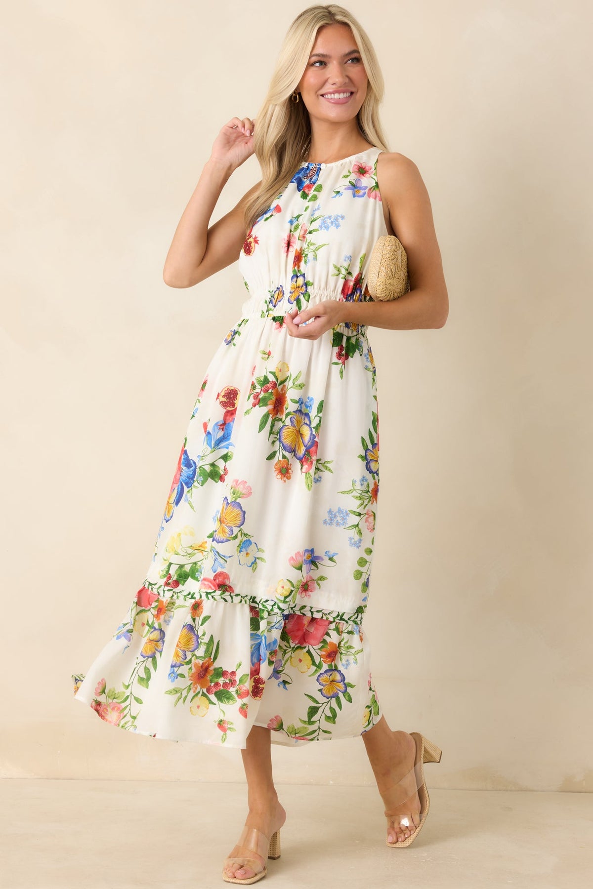 Pick Me Pretty Ivory Multi Floral Sleeveless Midi Dress