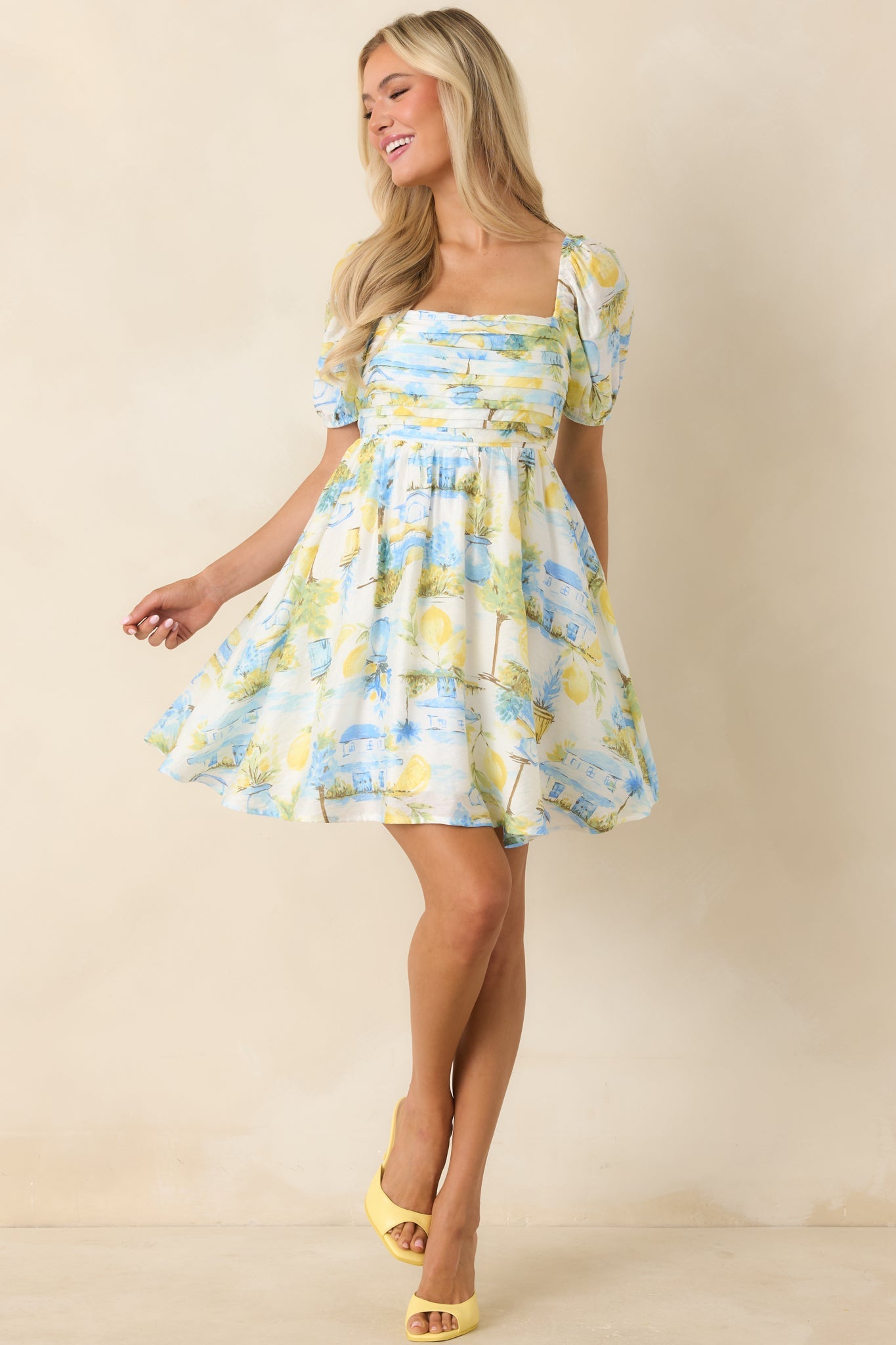Limoncello Daydream Blue & Yellow Scenic Citrus Print Mini Dress