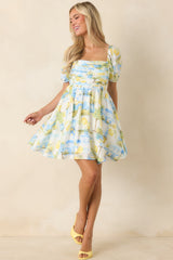 Limoncello Daydream Blue & Yellow Scenic Citrus Print Mini Dress