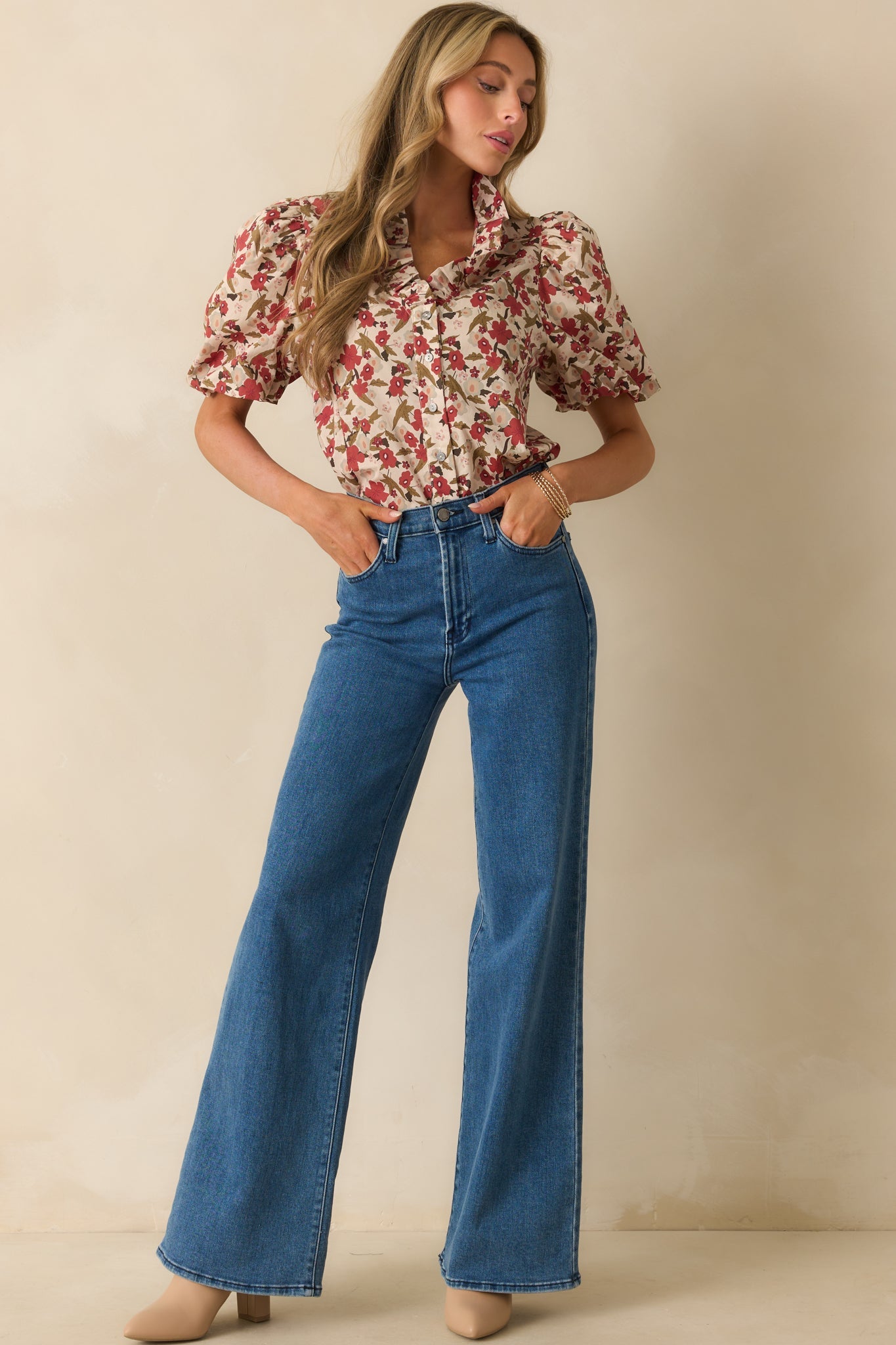 When You Know Red Multi Floral Print Cotton Puff Sleeve Top