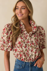 When You Know Red Multi Floral Print Cotton Puff Sleeve Top
