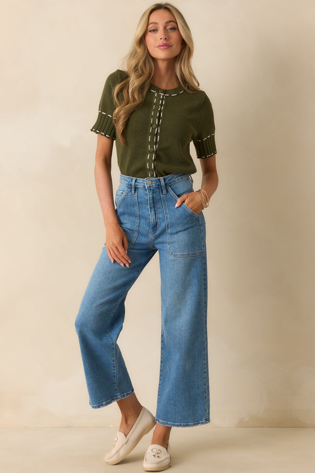 An Everyday Thing Olive Green Knit Short Sleeve Cardigan