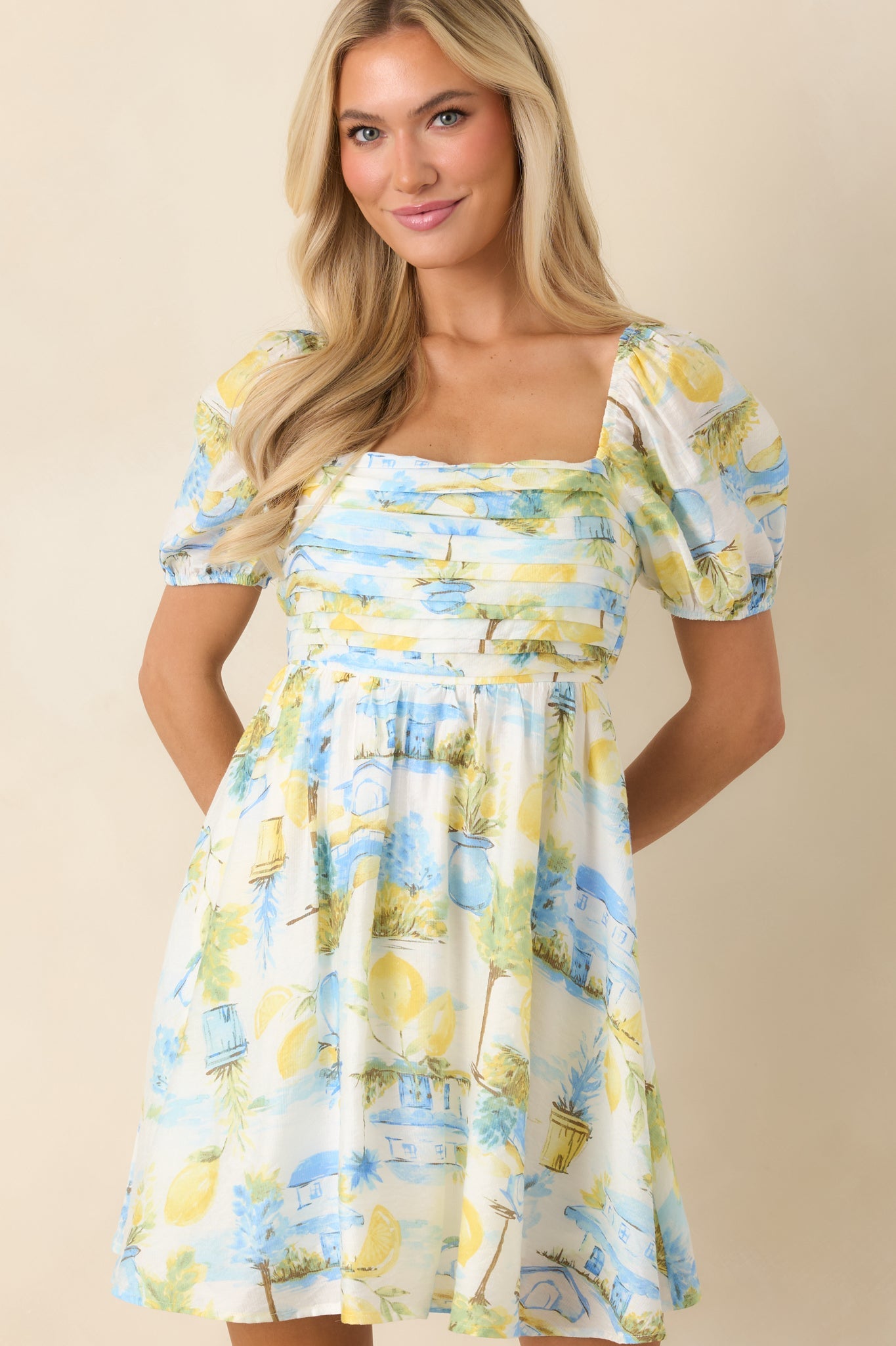 Limoncello Daydream Blue & Yellow Scenic Citrus Print Mini Dress