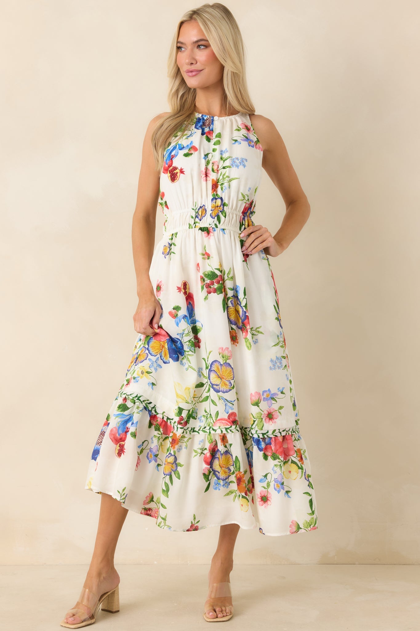 Pick Me Pretty Ivory Multi Floral Sleeveless Midi Dress
