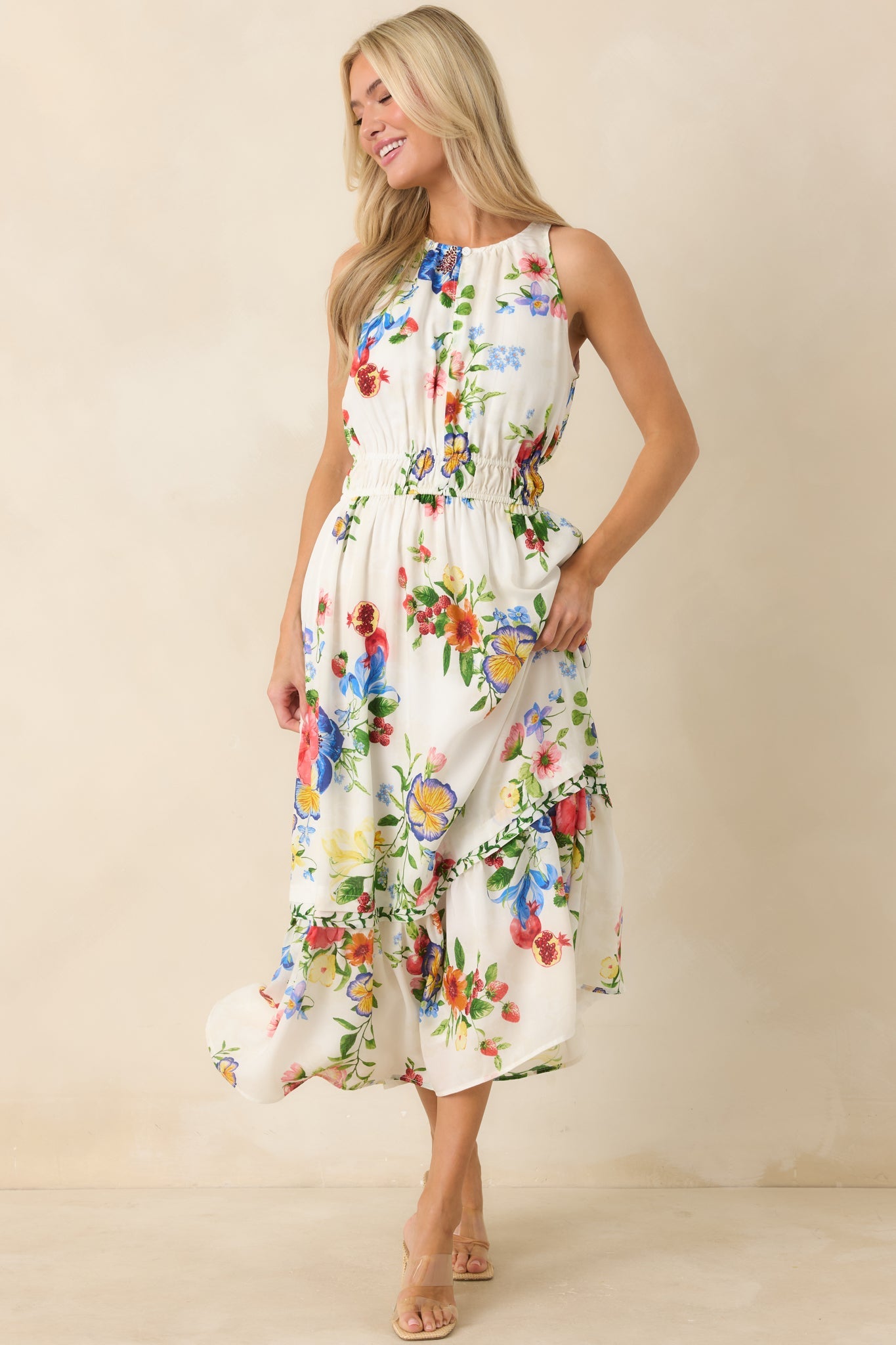 Pick Me Pretty Ivory Multi Floral Sleeveless Midi Dress