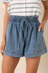 First Things First Medium Wash Cotton Drawstring Denim Shorts