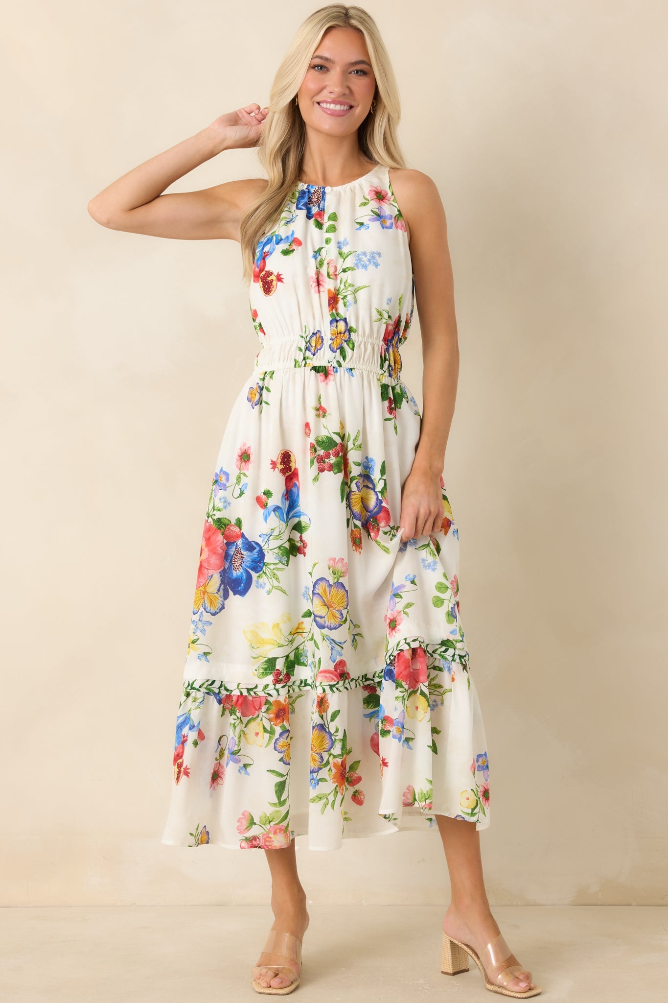 Pick Me Pretty Ivory Multi Floral Sleeveless Midi Dress
