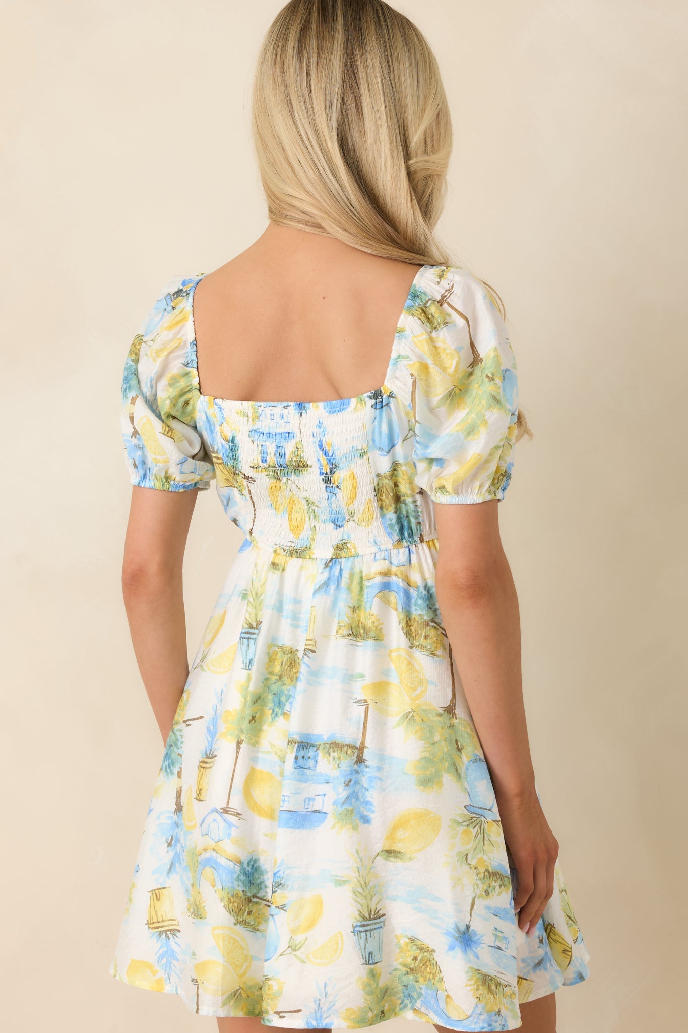 Limoncello Daydream Blue & Yellow Scenic Citrus Print Mini Dress